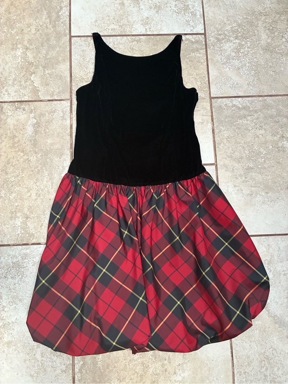 American Living Black Velvet Top Red Plaid Bubble Skirt Dress